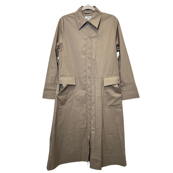 COS Dresses & Skirts - COS Cotton Utility Midi Shirt Dress 8 Khaki Long Sleeve Flap Pockets Minimalist